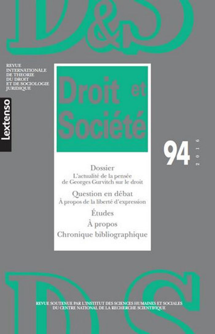 Couverture du livre « REVUE DROIT ET SOCIETE N 94 - 2016 - L'ACTUALITE DE LA PENSEE DE GEORGES GURVITCH SUR LE DROIT » de Collectif, librairie Les Contes Infusés à Corte