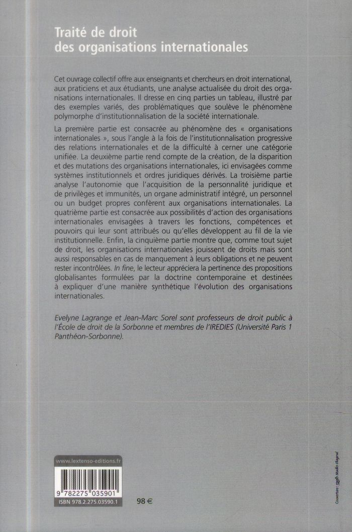 Quatrième de couverture de « DROIT DES ORGANISATIONS INTERNATIONALES »
