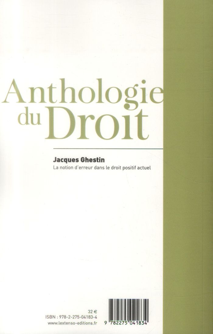 Quatrième de couverture de « LA NOTION D'ERREUR DANS LE DROIT POSITIF ACTUEL - PRIX HENRI CAPITANT 1962 »