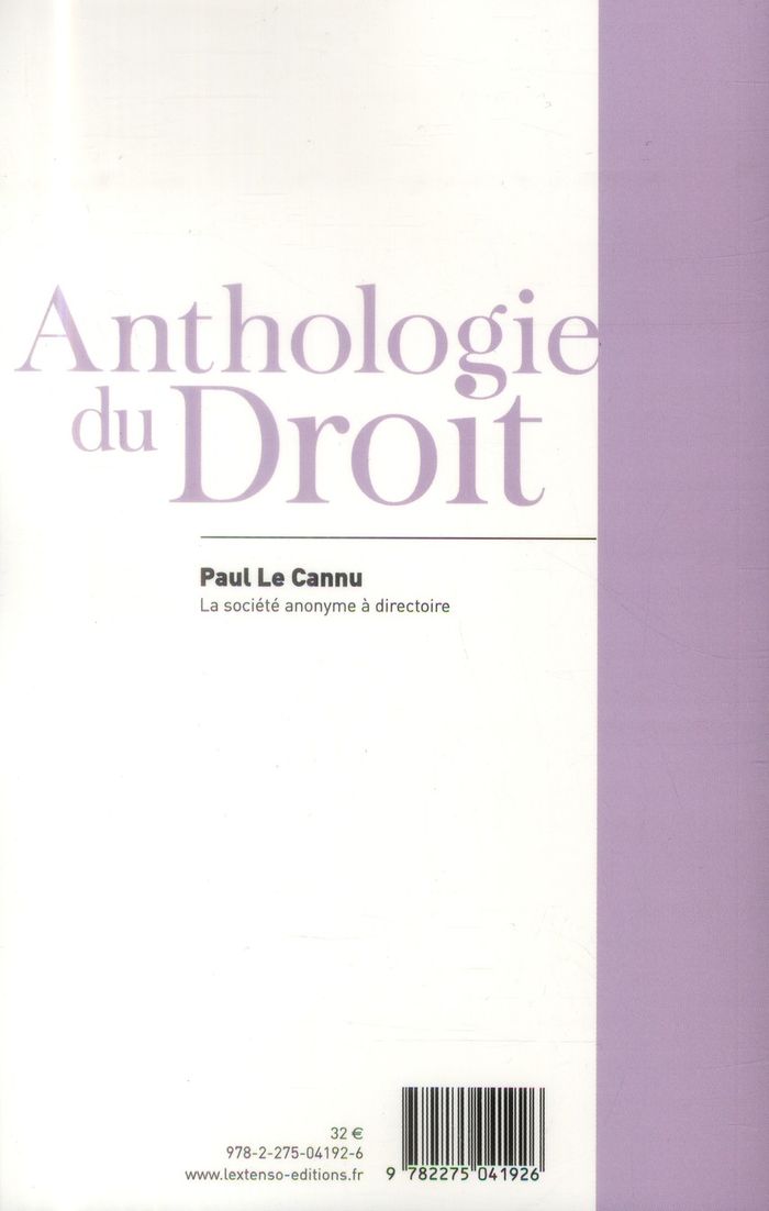 Quatrième de couverture de « LA SOCIETE ANONYME A DIRECTOIRE »