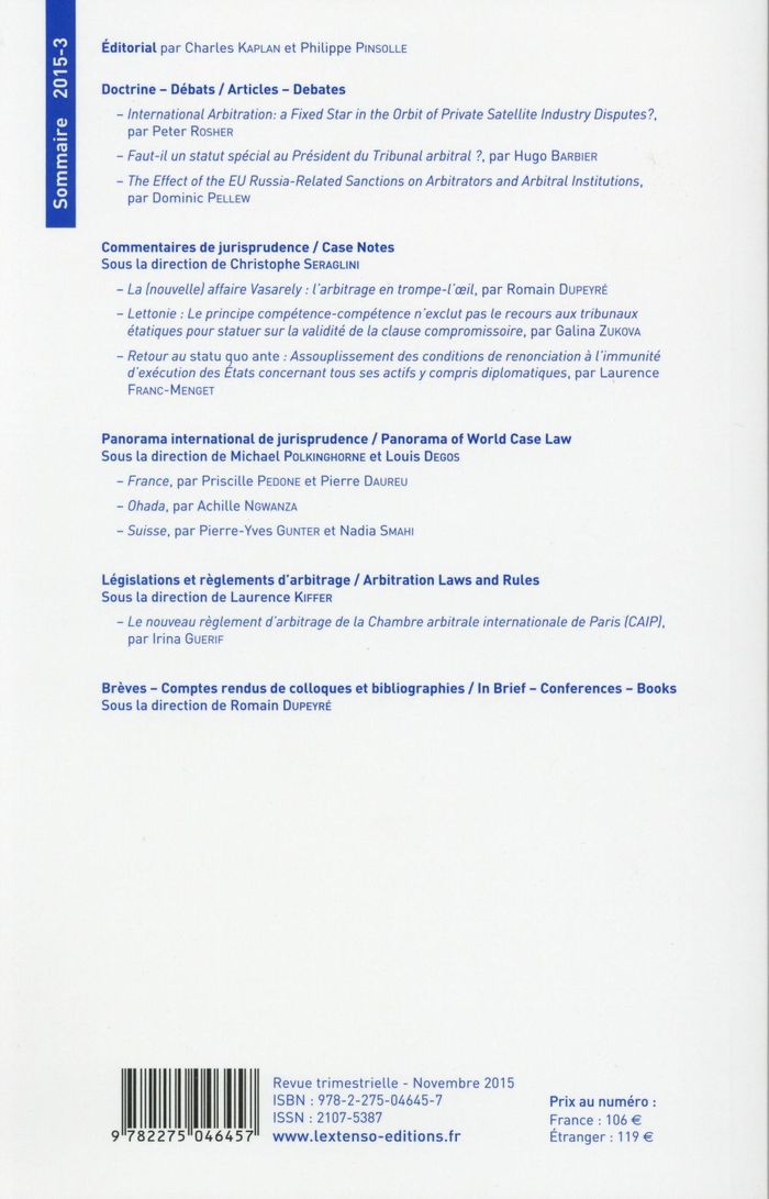 Quatrième de couverture de « LES CAHIERS DE L ARBITRAGE N 3 - 2015 »