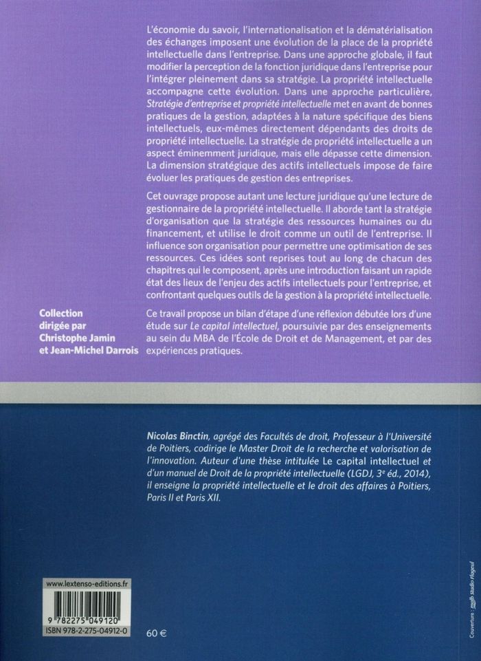 Quatrième de couverture de « STRATEGIE D'ENTREPRISE ET PROPRIETE INTELLECTUELLE »