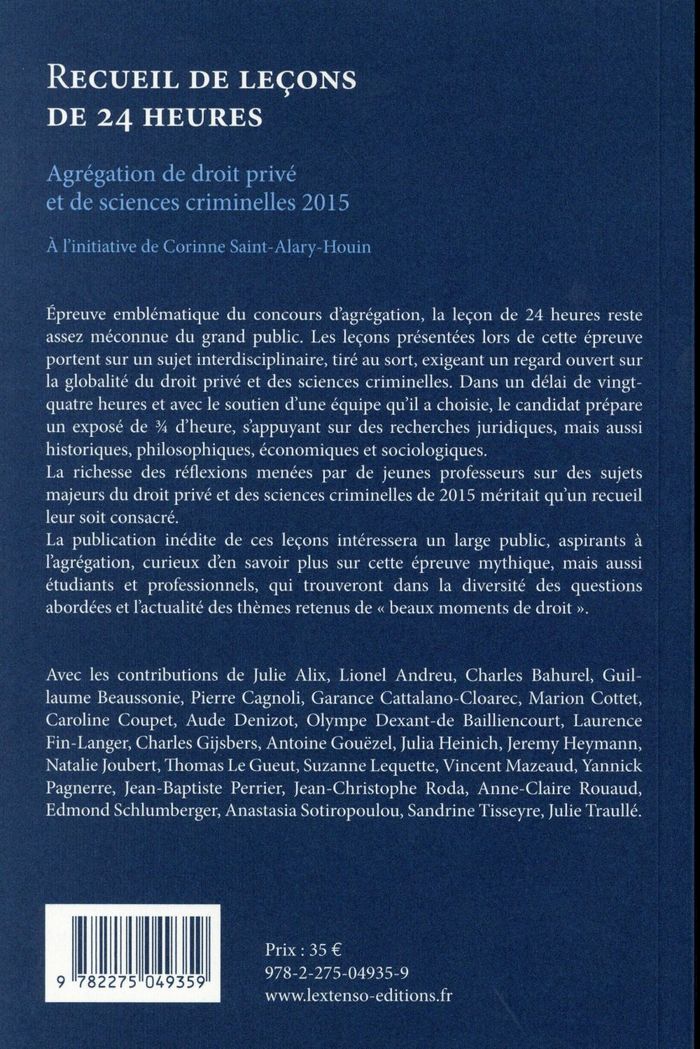 Quatrième de couverture de « RECUEIL DE LECONS DE 24 HEURES - AGREGATION DE DROIT PRIVE ET DE SCIENCES CRIMINELLES 2015 »