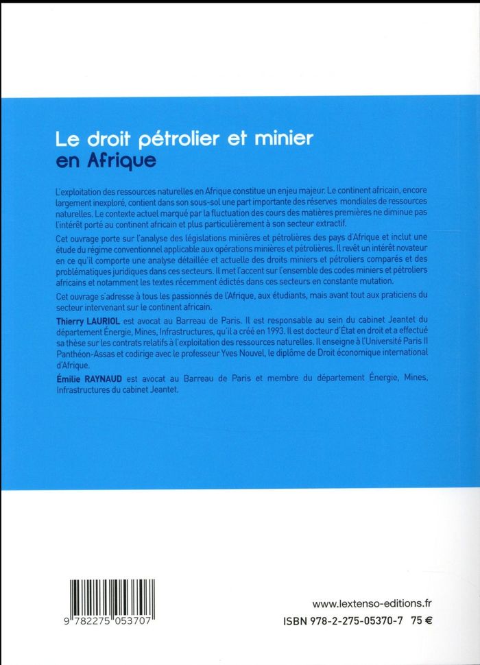 Quatrième de couverture de « LE DROIT PETROLIER ET MINIER EN AFRIQUE »