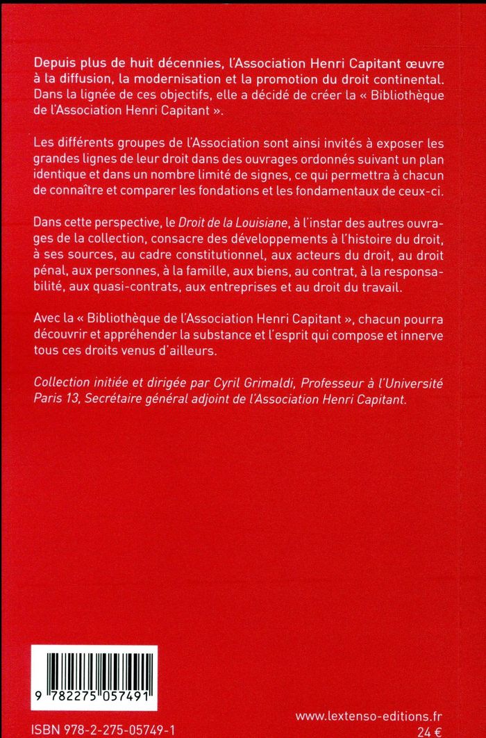 Quatrième de couverture de « DROIT DE LA LOUISIANE »