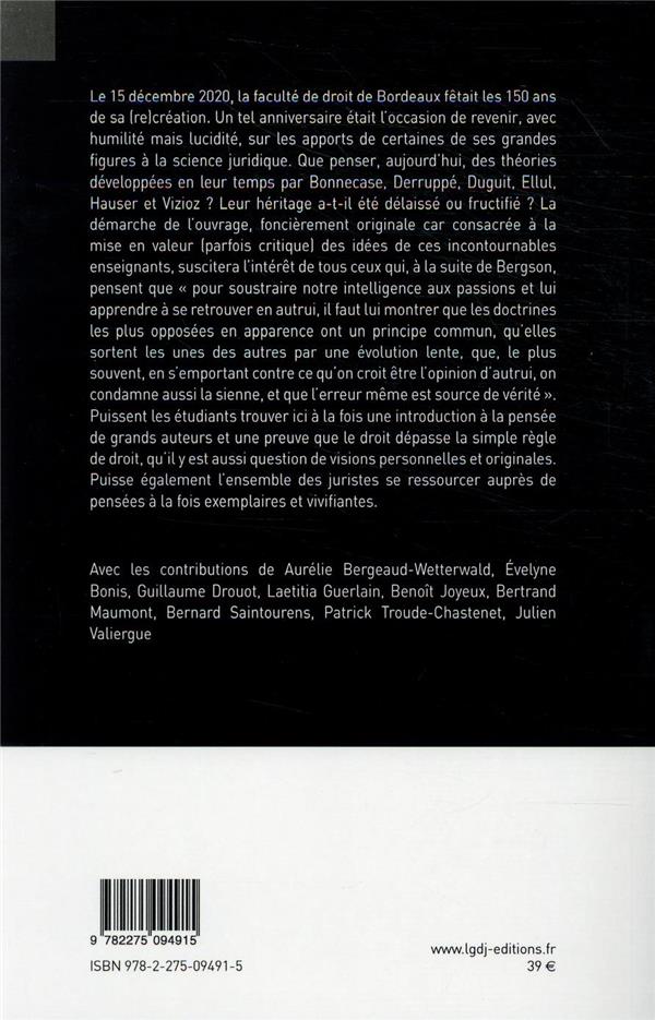 Quatrième de couverture de « 150 ANS DE LA FACULTE DE DROIT DE BORDEAUX, QUEL HERITAGE DOCTRINAL ? »