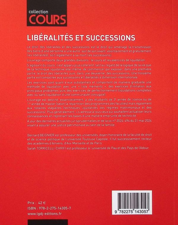 Quatrième de couverture de « Libéralités et successions : cours, schémas & tableaux, exercices corrigés de liquidation »
