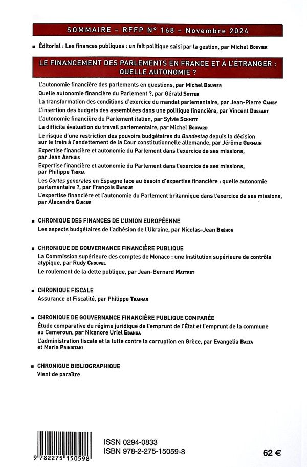 Quatrième de couverture de « REVUE FRANCAISE DE FINANCES PUBLIQUES N  168-2024 - LE FINANCEMENT DES PARLEMENTS EN FRANCE ET A L'E »