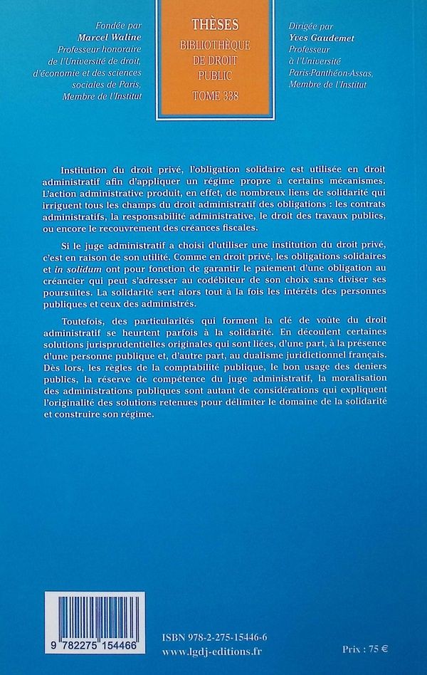 Quatrième de couverture de « L'OBLIGATION SOLIDAIRE EN DROIT ADMINISTRATIF - VOL338 »