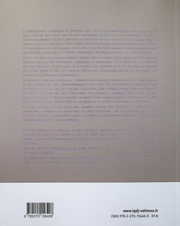 Quatrième de couverture de « TRANSITIONS ECOLOGIQUE ET NUMERIQUE - PREPARATION AU CONCOURS D'ENTREE A L'INSP »