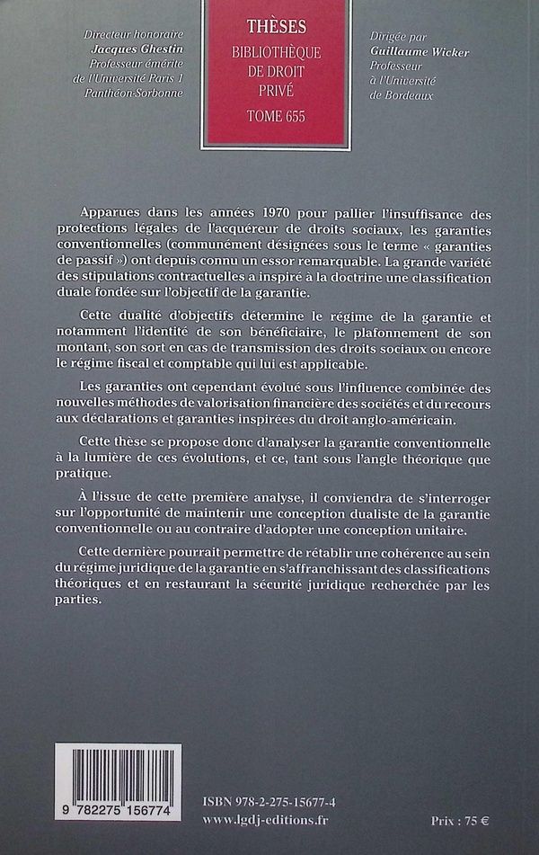 Quatrième de couverture de « La garantie conventionnelle dans les cessions de droits sociaux : essai d'une conception unitaire »