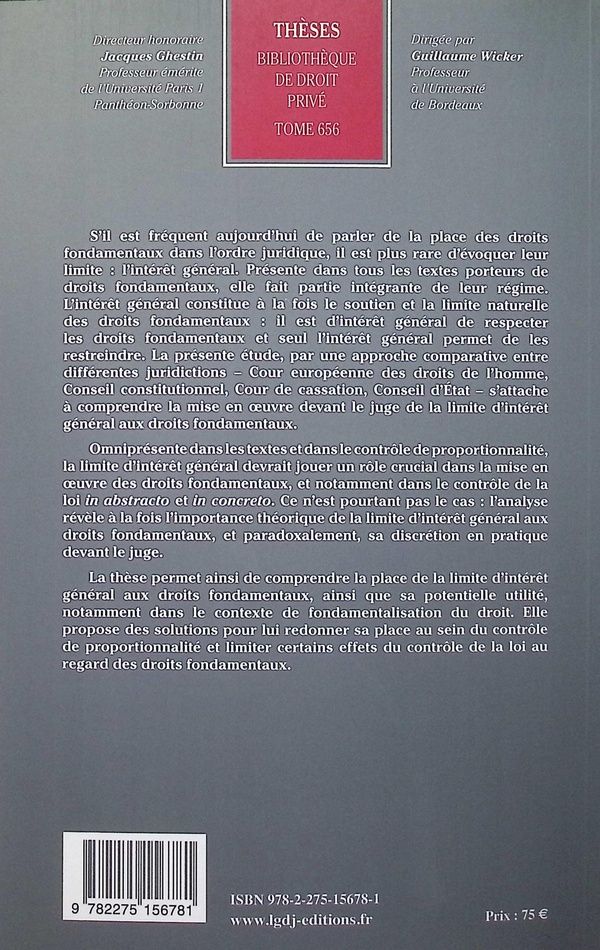 Quatrième de couverture de « L'intérêt général comme limite aux droits fondamentaux : approche judiciaire »
