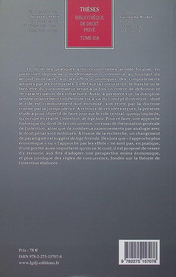 Quatrième de couverture de « L'intention en droit des pratiques anticoncurrentielles »