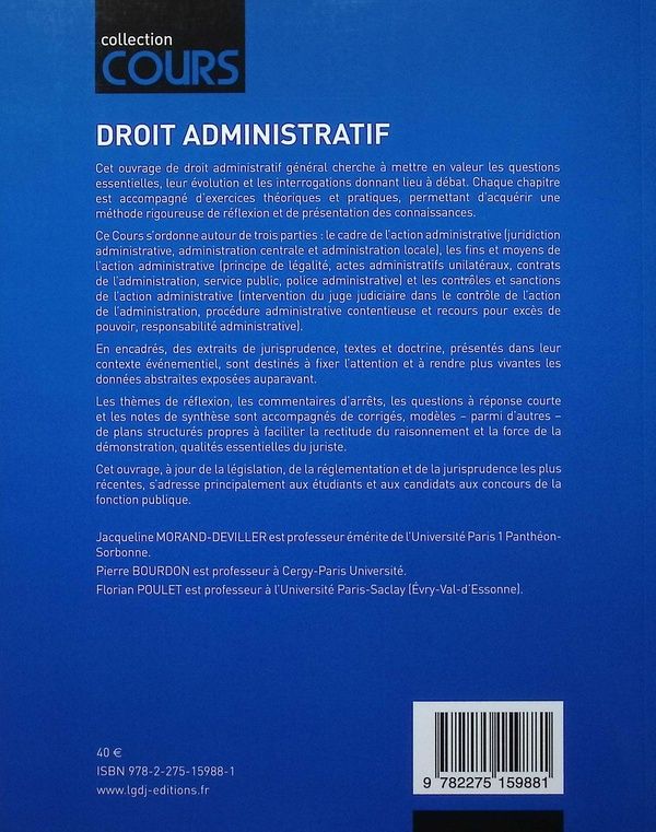 Quatrième de couverture de « Droit administratif : cours, réflexions et débats »