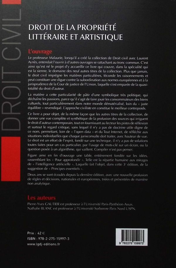 Quatrième de couverture de « Droit de la propriété littéraire et artistique »