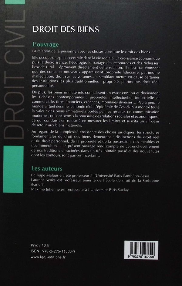 Quatrième de couverture de « Droit des biens »