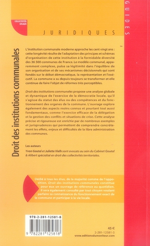 Quatrième de couverture de « DROIT DES INSTITUTIONS COMMUNALES »