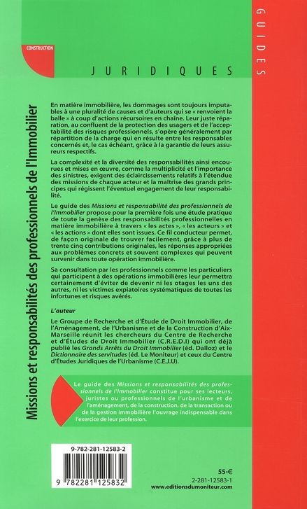 Quatrième de couverture de « MISSIONS ET RESPONSABILITES DES PROFESSIONNELS DE L'IMMOBILIER »