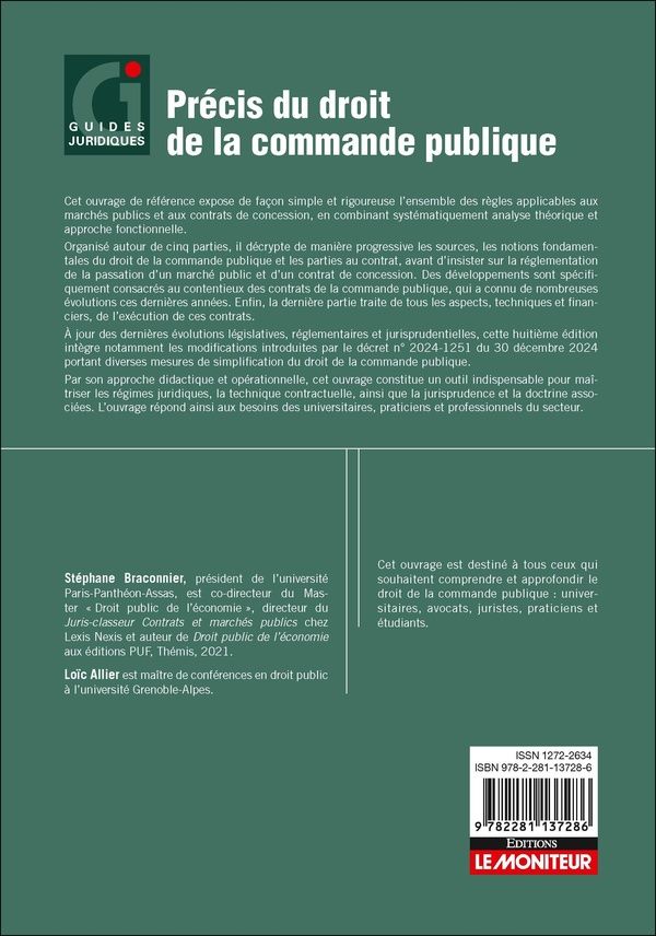 Quatrième de couverture de « Précis du droit de la commande publique : marchés publics, concessions »