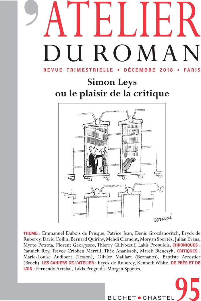 Couverture du livre « REVUE ATELIER DU ROMAN N 95 - VOL95 - SIMON LEYS OU LE PLAISIR DE LA CRITIQUE » de Collectif, librairie Les Contes Infusés à Corte