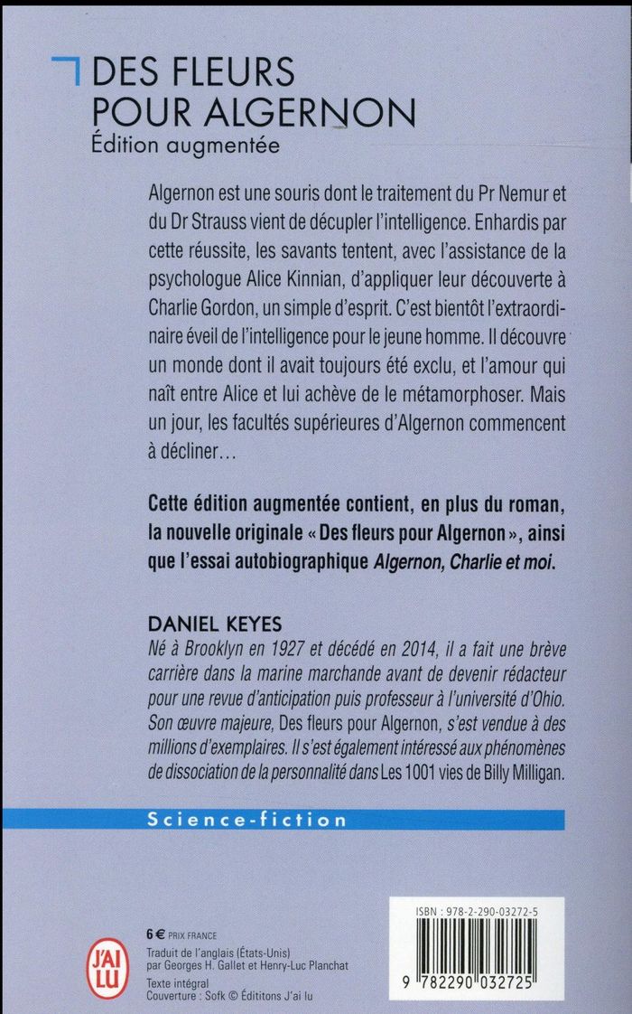 Quatrième de couverture de « DES FLEURS POUR ALGERNON »