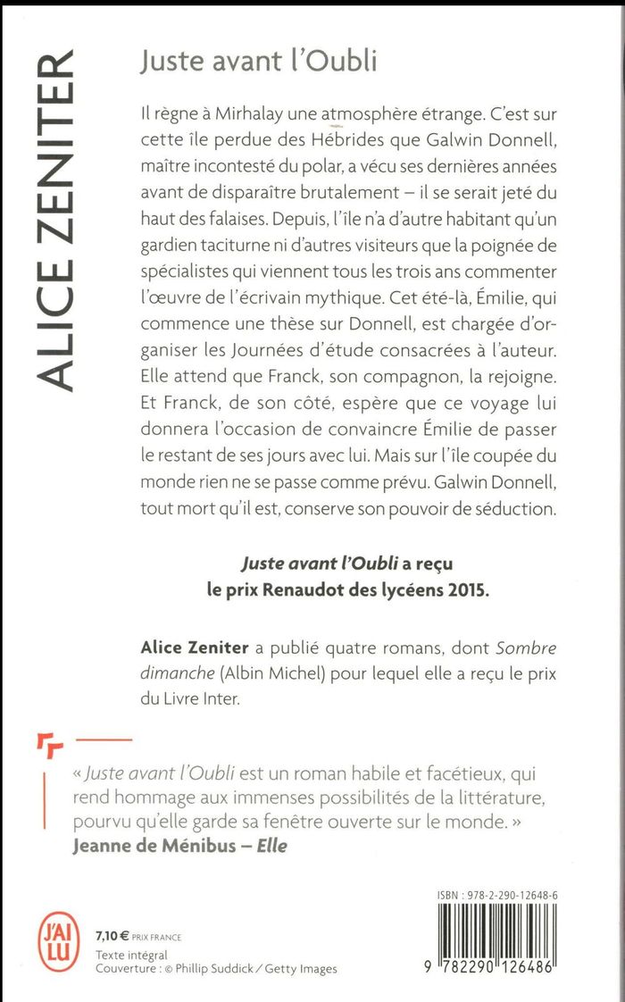 Quatrième de couverture de « Juste avant l'oubli : roman »