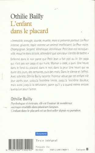 Quatrième de couverture de « L'ENFANT DANS LE PLACARD - SORTIR DU SILENCE »