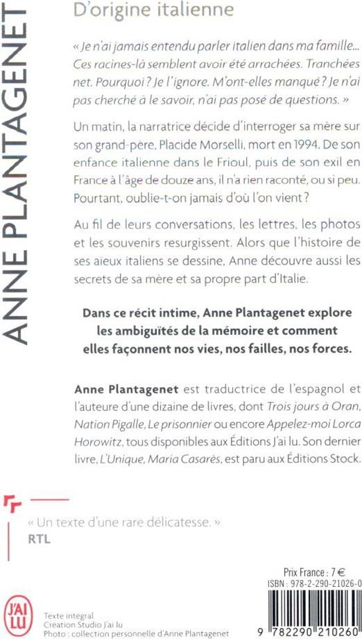 Quatrième de couverture de « D'origine italienne : roman »