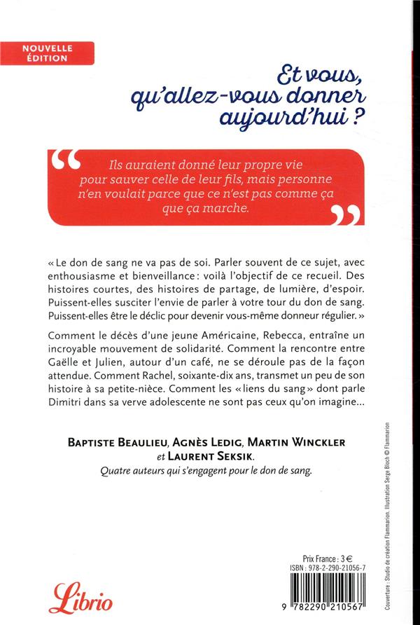 Quatrième de couverture de « Je te donne : quatre auteurs s'engagent pour le don de sang »