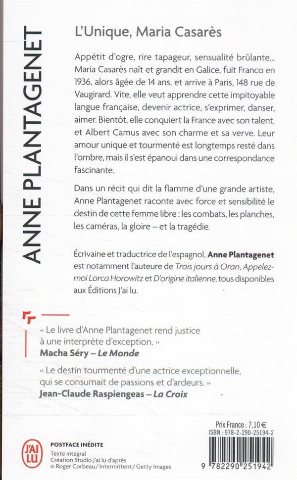 Quatrième de couverture de « L'unique, Maria Casarès : récit »