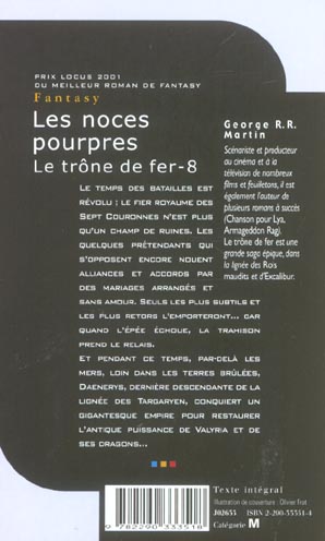 Quatrième de couverture de « LE TRONE DE FER - T08 - LES NOCES POURPRES »