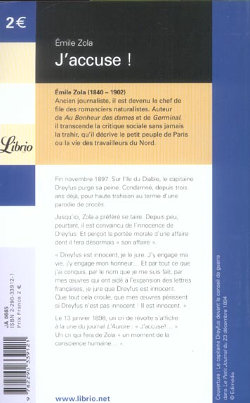 Quatrième de couverture de « J'ACCUSE DE ZOLA »