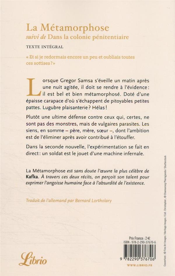 Quatrième de couverture de « La métamorphosesuivi de Dans la colonie pénitentiaire »