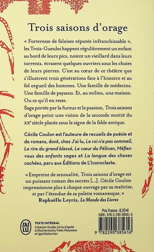 Quatrième de couverture de « Trois saisons d'orage : roman »