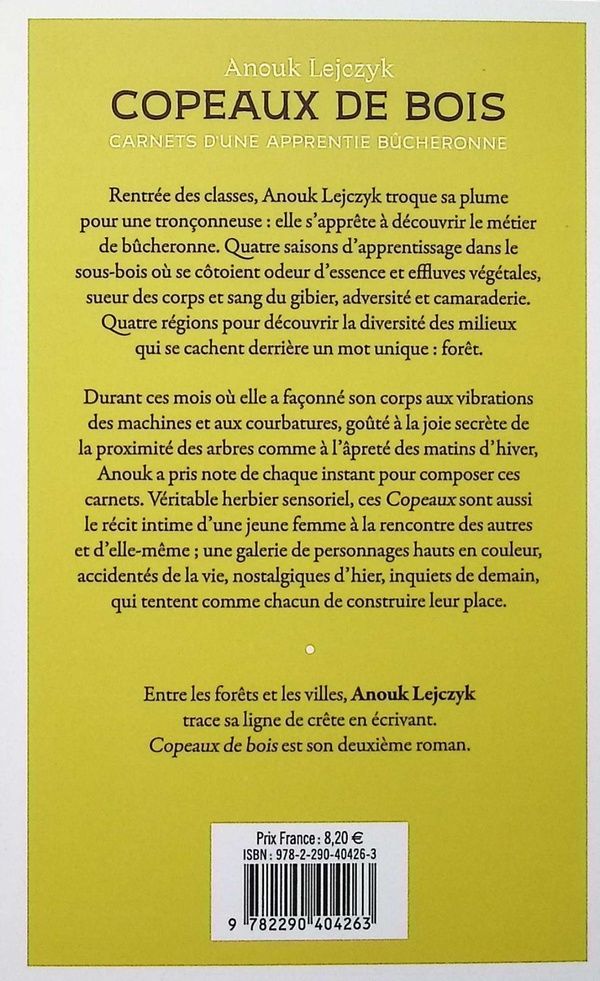 Quatrième de couverture de « Copeaux de bois : carnets d'une apprentie bûcheronne »