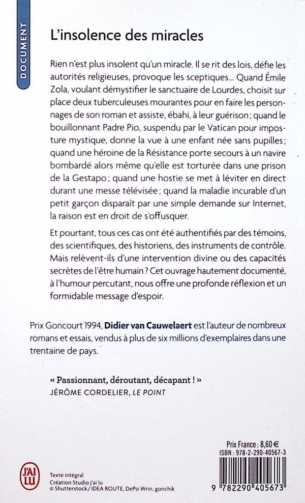 Quatrième de couverture de « L'insolence des miracles »