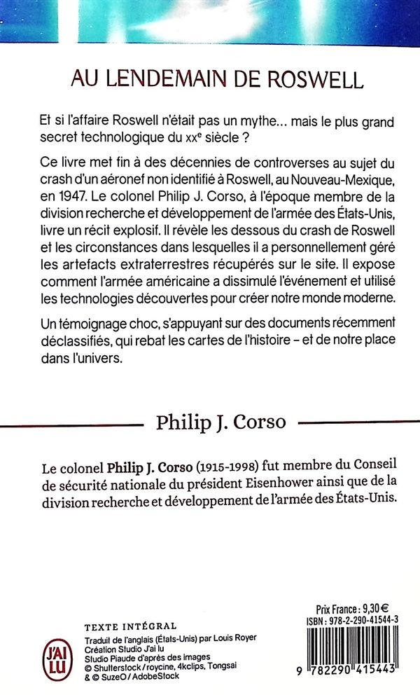 Quatrième de couverture de « Au lendemain de Roswell : un ancien officier du Pentagone révèle les faits tenus secrets par le gouvernement américain »