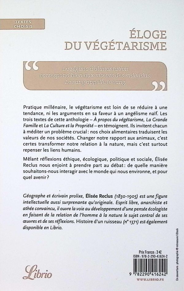 Quatrième de couverture de « Éloge du végétarisme »