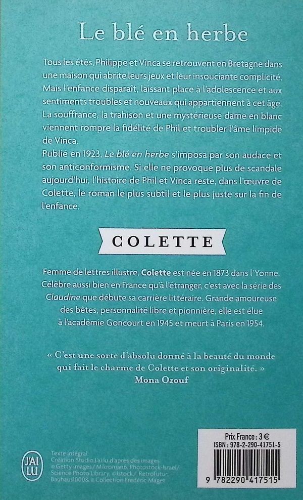 Quatrième de couverture de « Le blé en herbe : roman »