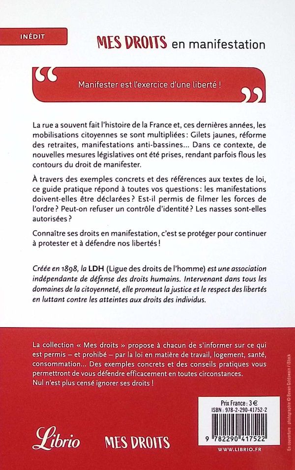 Quatrième de couverture de « Mes droits en manifestation »