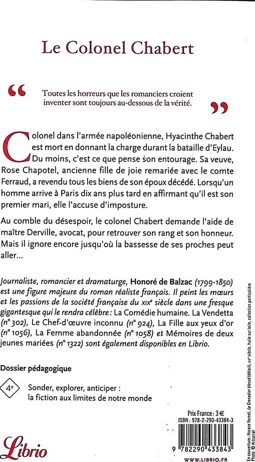 Quatrième de couverture de « Le Colonel Chabert »