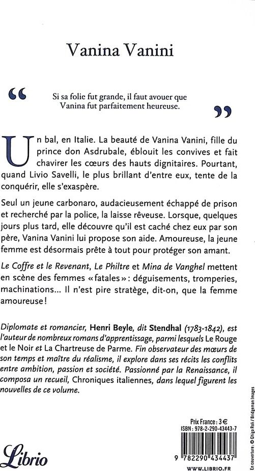 Quatrième de couverture de « Vanina Vanini et autres nouvelles »
