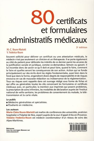 Quatrième de couverture de « 80 CERTIFICATS ET FORMULAIRES ADMINISTRATIFS MEDICAUX »