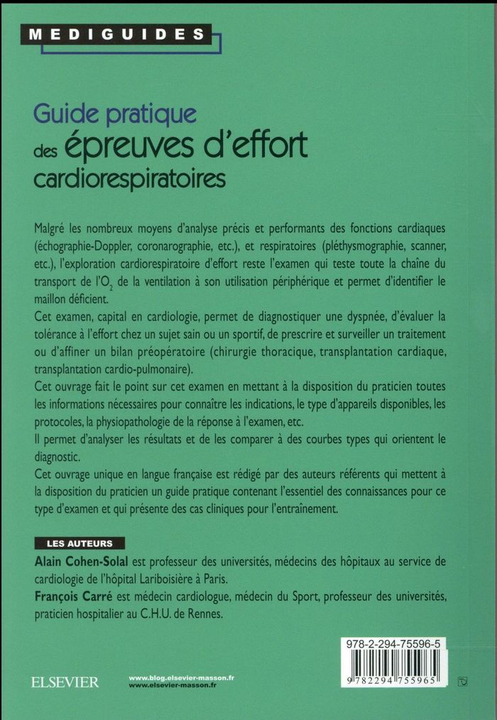 Quatrième de couverture de « GUIDE PRATIQUE DES EPREUVES D'EFFORT CARDIORESPIRATOIRES »