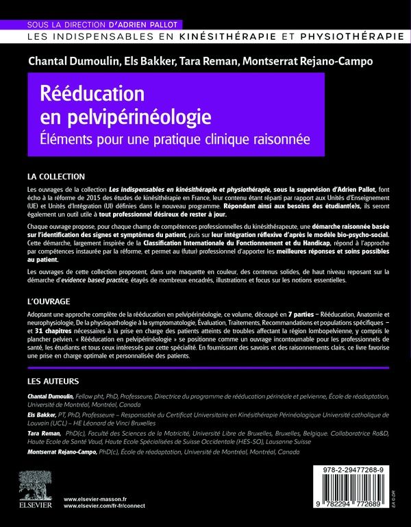Quatrième de couverture de « Rééducation en pelvipérinéologie : éléments pour une pratique clinique raisonnée »