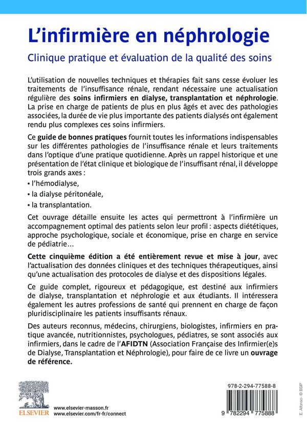 Quatrième de couverture de « L'infirmière en néphrologie : clinique pratique et évaluation de la qualité des soins »