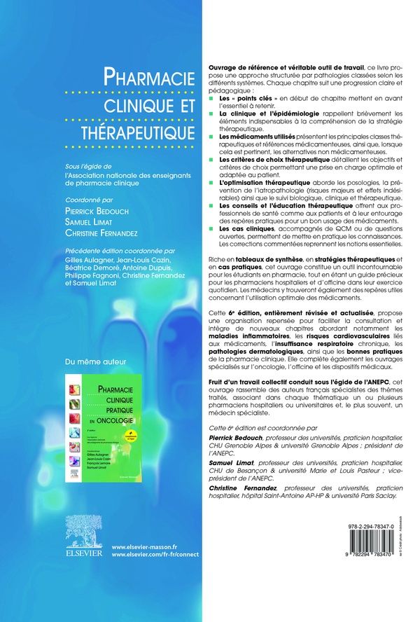 Quatrième de couverture de « Pharmacie clinique et thérapeutique »