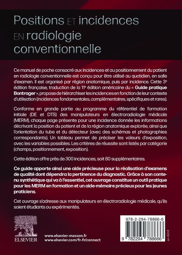 Quatrième de couverture de « Positions et incidences en radiologie conventionnelle : guide pratique Bontrager »