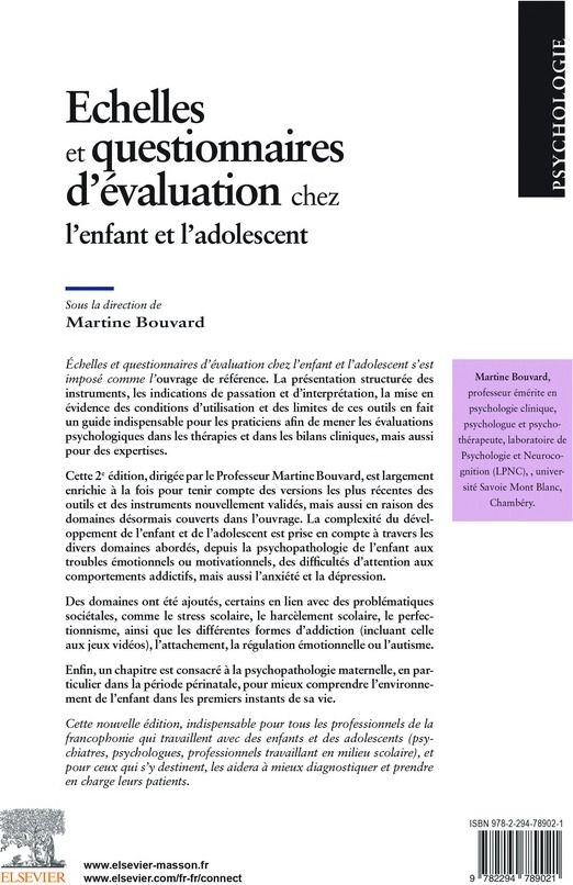 Quatrième de couverture de « Échelles et questionnaires d'évaluation chez l'enfant et l'adolescent »