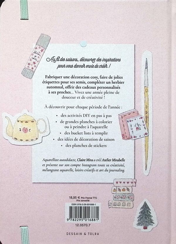 Quatrième de couverture de « MON CARNET CREATIF AU FIL DES SAISONS - ATELIER MIRABELLE - JOURNALING, DIY, AQUARELLE ET COLORIAGE »